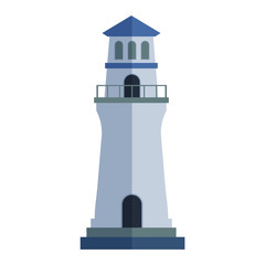 Vector cartoon flat lighthouse. Searchlight tower for maritime navigation guidance. Ocean beacon light vector tower lighthouse. Travel lighthouse water sailing signal navigation symbol.