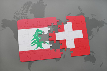 puzzle with the national flag of lebanon and switzerland on a world map background.