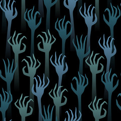 Seamless pattern dead hands on a dark background are drawn up. Suitable for Halloween Decorations.