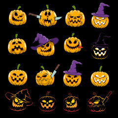 Colored cartoon pumpkin for Halloween with various emotions on a black background. Vector illustration.