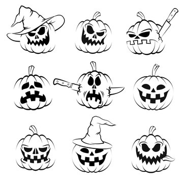 Halloween pumpkin set. Jack-o'-lantern. Black-and-white isolated images in stamp style.