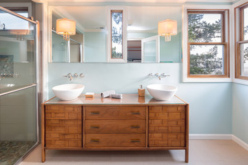 Naklejka na ściany i meble Luxury bathroom with double round sink in Mediterranean style.