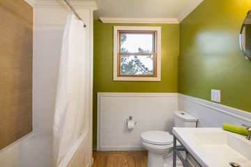 Fototapeta na wymiar Fresh Green bathroom with rectangle sink and wooden floor.