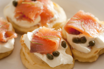 Extreme close up of bite sized appetizers