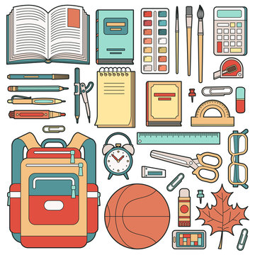 Backpack of the schoolboy and school stuff. Stationery. Vector illustration.