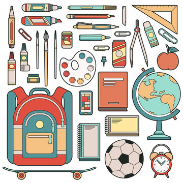 Set of objects for student in school. Stationery for the pupil. Vector illustration.