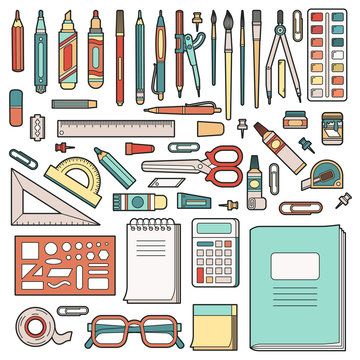 School stationery. Set of office objects. Vector illustration.