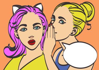 Two young beautiful women talking about something. Pop art style, eps 10