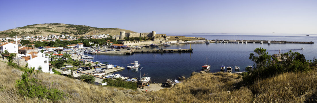 Panoramic view of Bozcaada Island and Tenedos medieval castle, wide angle.
