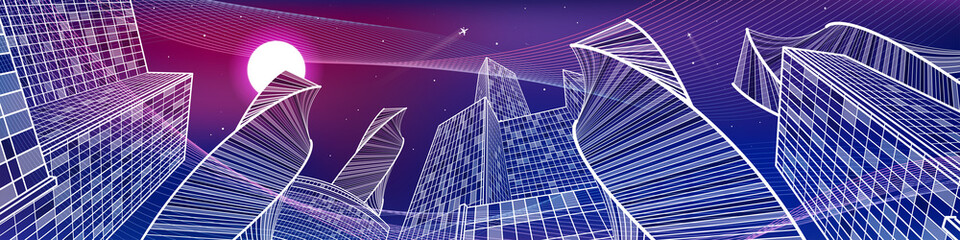 Business building, night city panorama, urban scene, infrastructure illustration, neon waves, modern architecture, skyscrapers, airplane flying, vector design art