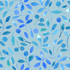 floral seamless pattern with blue branches and berries.watercolor hand drawn illustration.grey background.