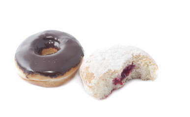 Fresh chocolate and jam doughnuts