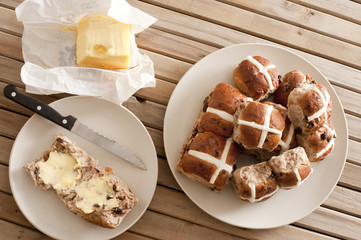 Batch of freshly baked Easter hot cross buns