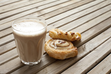 Cafe latte with two Danish pastries