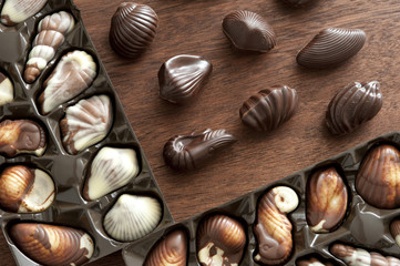 Praline chocolate sweets on table