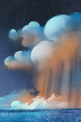 Fototapeta premium night scenery of big cumulonimbus clouds over field,landscape,illustration painting