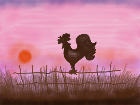 Rooster on the fence with sunset or sunrise drawn by watercolor, pencil and marker