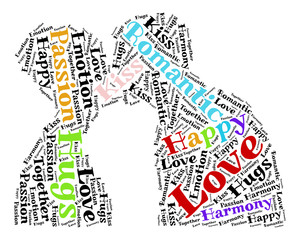 Two lovers kissing. Shapes filled with words. Vector.