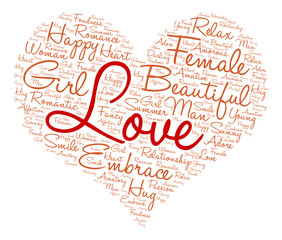 Love words cloud in heart shape. Vector illustration.