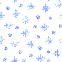 Seamless christmas pattern with watercolor blue snowflakes