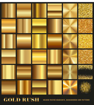 Gold Rush - set of gold gradients, golden glitter backgrounds and seamless borders