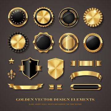 collection of black and golden design elements - shields, labels, seals, banners, badges, scrolls and ornaments