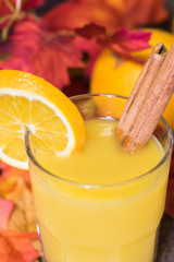 Orange juice drink with cinnamon and fall foliage