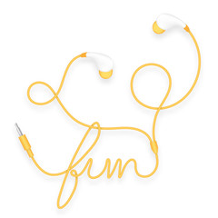 Earphones, In Ear type orange yellow color and fun text made from cable isolated on white background, with copy space