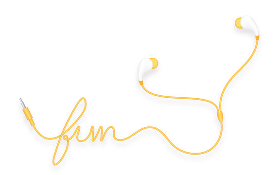 Earphones, In Ear type orange yellow color and fun text made from cable isolated on white background, with copy space