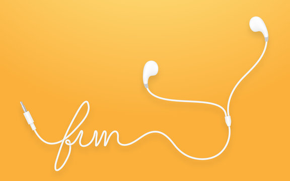 Earphones, Earbud type white color and fun text made from cable isolated on orange yellow gradient background, with copy space