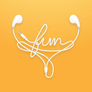 Earphones, Earbud type white color and fun text made from cable isolated on orange yellow gradient background, with copy space