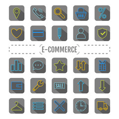 Icon set e-Commerce. Flat linear design, shopping symbols, elements.