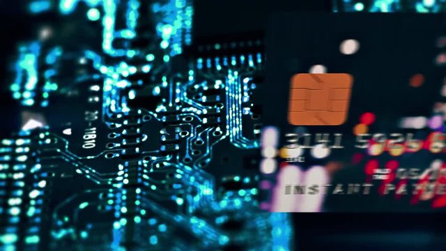 Bank Card / Instant Payment / Circuit Board. Bank plastic card with caption "Instant payment" flies over circuit board with illuminated electrical signals flowing in electrical conductors.
