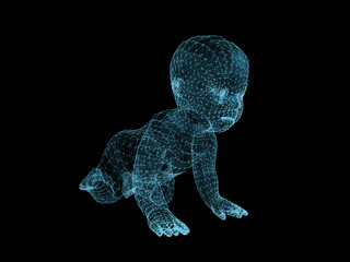 3d rendering of crawling baby with line and dots.wireframe baby 3d model.