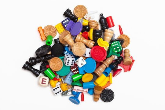 A pile of miscellaneous game pieces