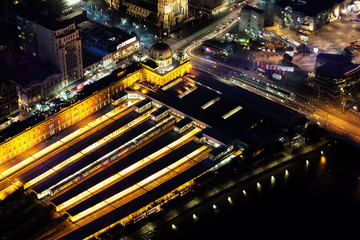 Fototapeta na wymiar Aerial view of Flinders Street Station in Melbourne CBD at night. Melbourne, Victoria, Australia