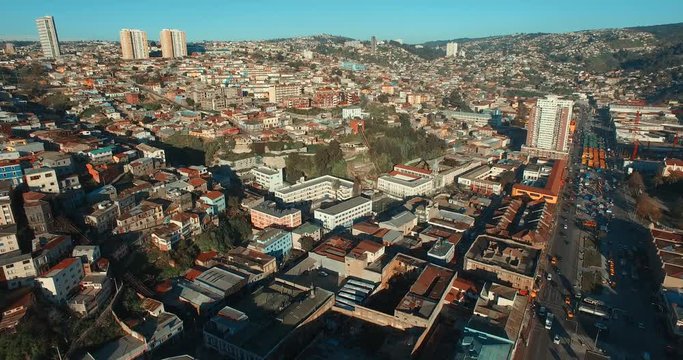 Drone Aerial Image. Valparaiso, Chile.
Argentina Avenue,  Cerro Baron (Baron Hill) and Cerro Placeres ("Placeres" Hill)