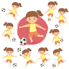 Set of cute Girl Kid Playing Football Soccer Vector illustration