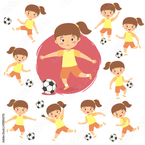 "Set of cute Girl Kid Playing Football Soccer Vector illustration