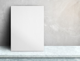 Blank White paper poster on white marble table at grey concrete
