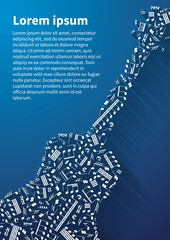 Guitar silhouette made up from music notes and signs on blue background