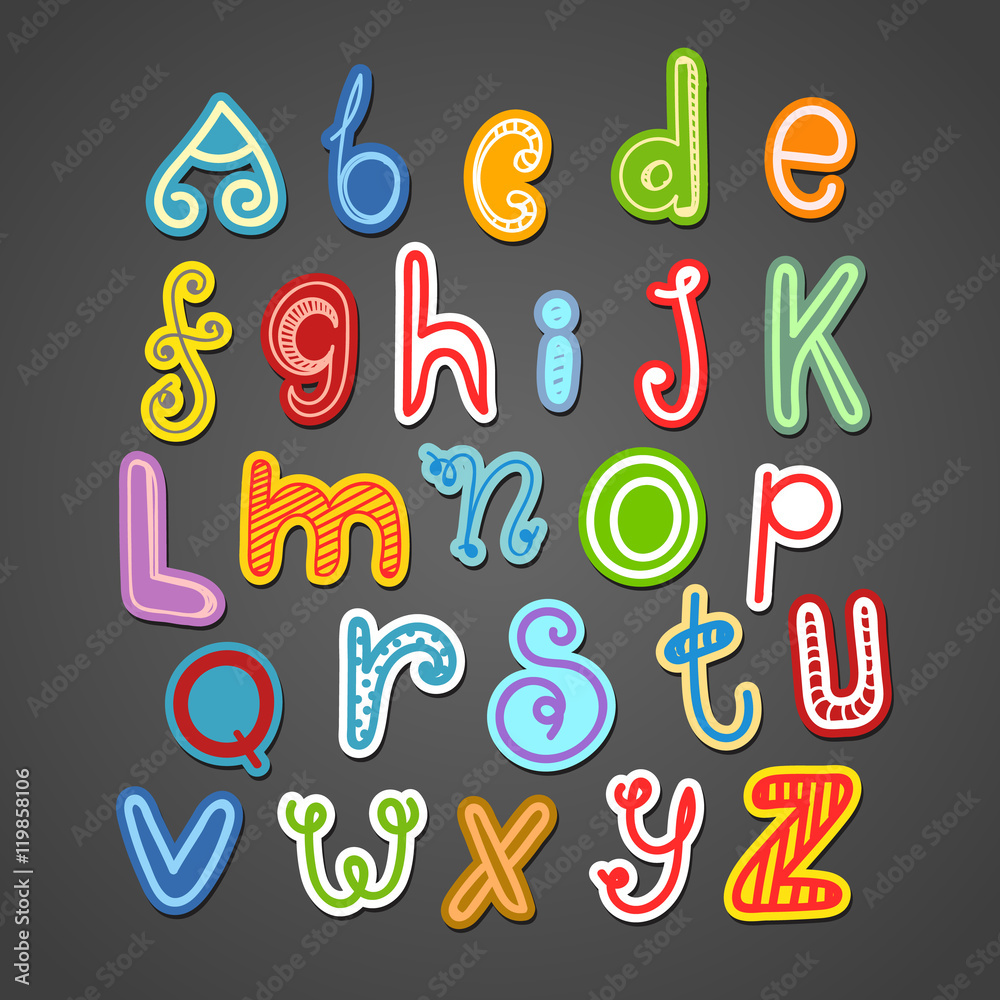 Aufkleber abstract hand-drawn color doodle alphabet. vector design element