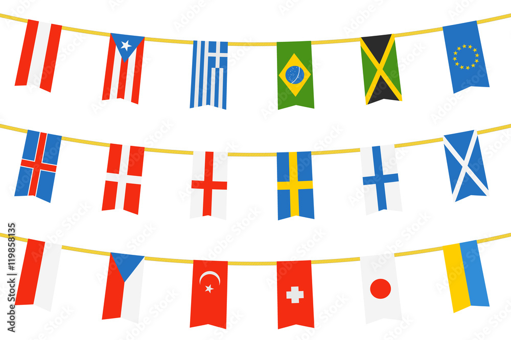 Poster different color flags of countries on rope isolated on white. ve