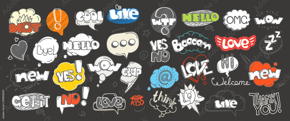 Aufkleber Different sketch style clouds and words collection. Color vector