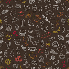 Different color food doodles seamless background. Lineart hand-d