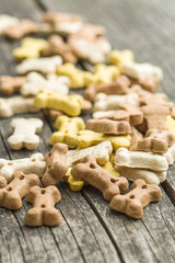 Dog food shaped like bones.