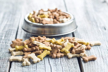 Dog food shaped like bones.
