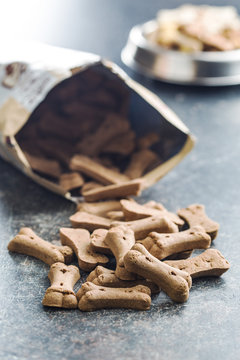 Dog food shaped like bones.