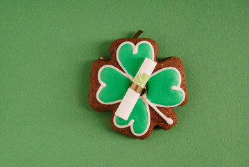 .Clover shaped cookie baked for Saint Patrick Day celebration in Ireland