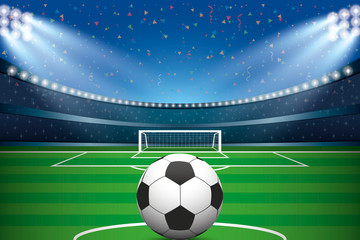 Soccer ball with soccer stadium and confetti background.